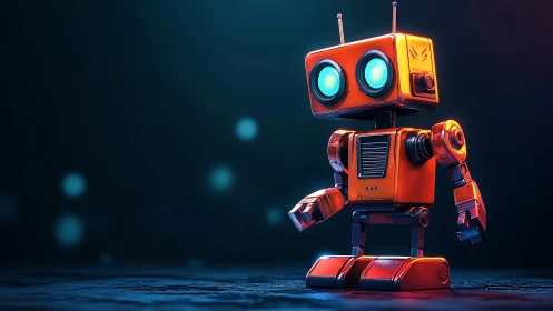 3D stylized orange service robot with cinematic key lighting.