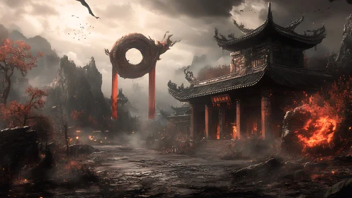Ancient temple smolders beneath a fiery floating dragon ring