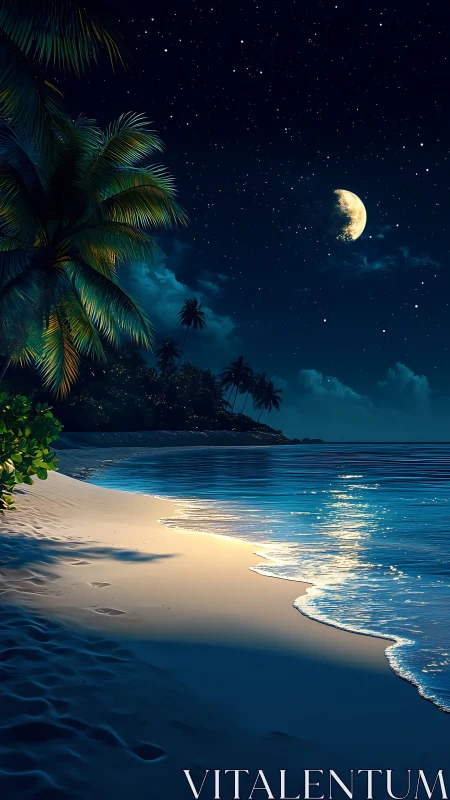 Moonlit Paradise Beach at Midnight Under Starry Skies