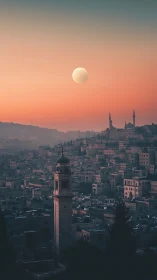 Telephoto skyline with mosque minarets under pastel lunar dusk