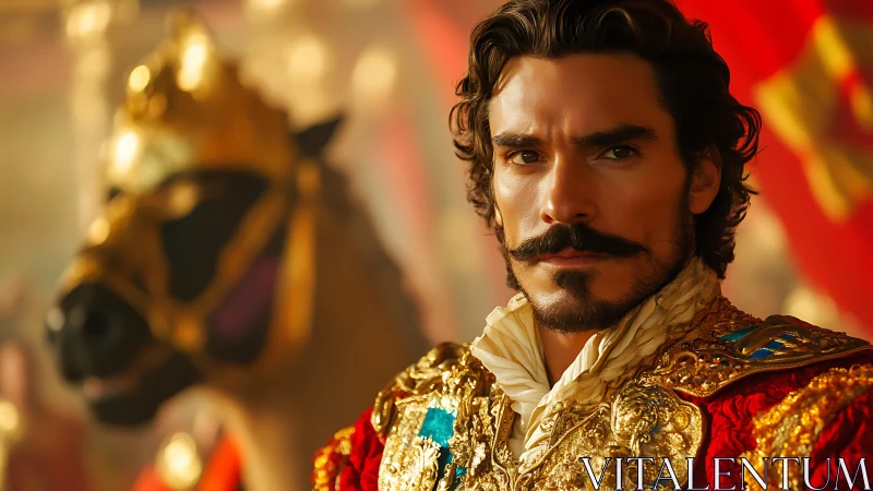 Velvet-mustached matador prince beside gilded warhorse.
