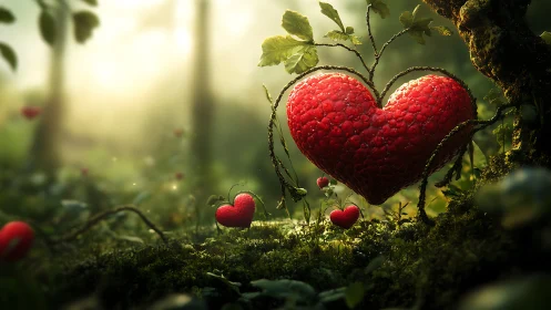 Heart-Shaped Raspberries in Enchanted Forest Garden