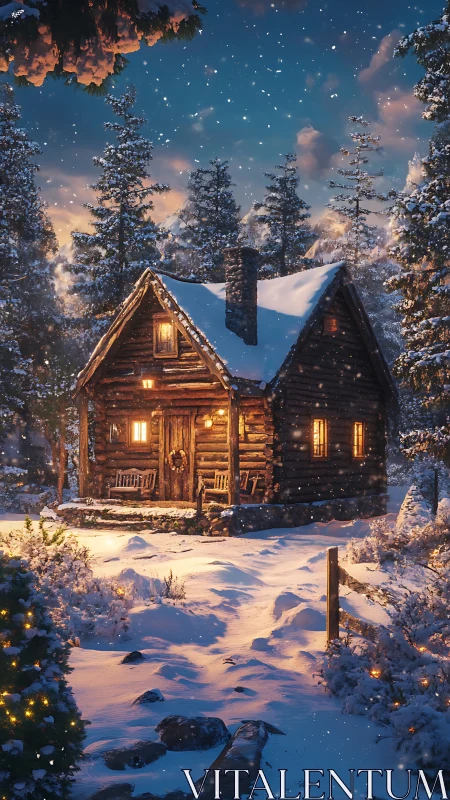 Cozy winter cabin glowing softly in a peaceful forest night.
