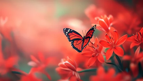 Red butterfly on scarlet flowers in shallow focus garden.