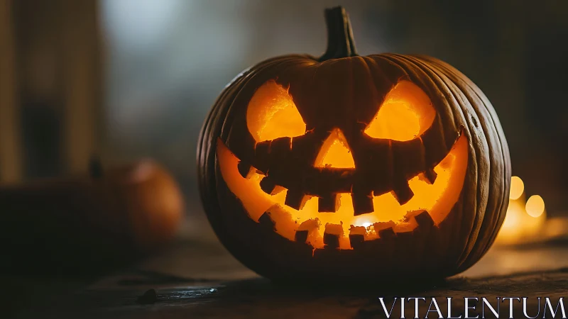 Carved jack o lantern with glowing candle on table.