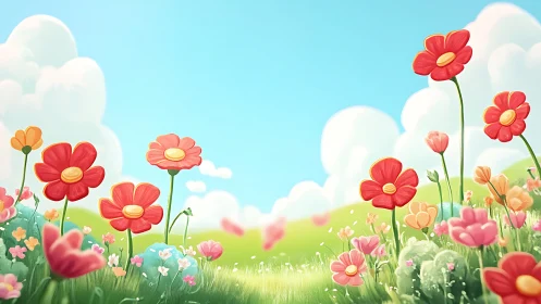 Vibrant Wildflower Meadow Under Luminous Sky.