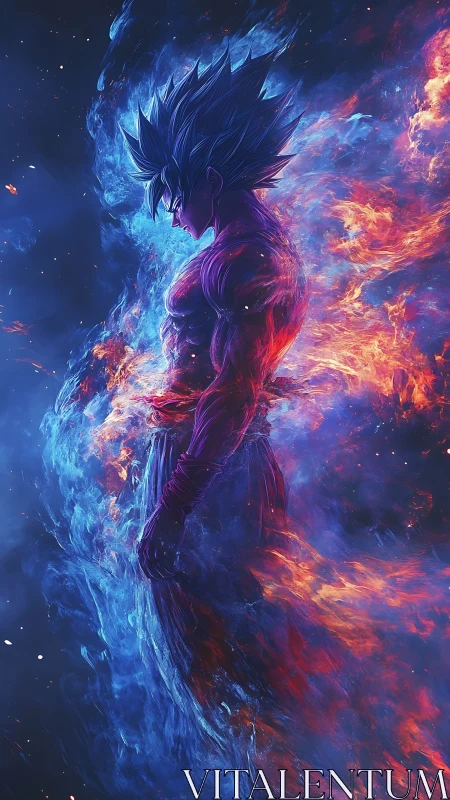 Digital painting of dual-aura warrior in vertical inferno field.