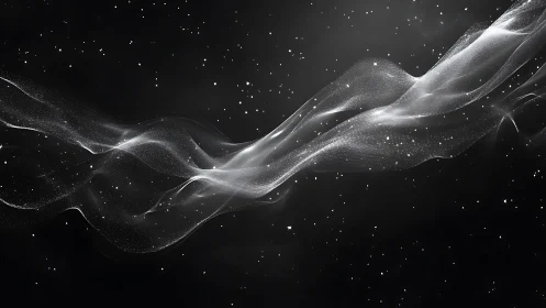 White particle wave on black background in abstract motion.