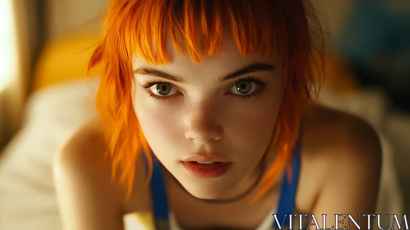 Cinematic close-up of freckled girl with vivid orange hair.