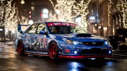 Custom Subaru street racer glows under festive city lights.