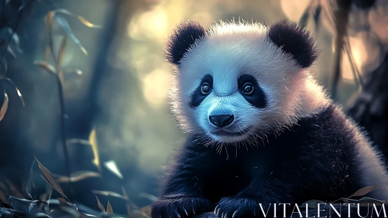 Young giant panda in soft forest light, close foreground view.