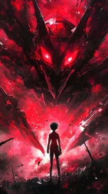 Silhouetted figure confronts colossal red mechanical demon head