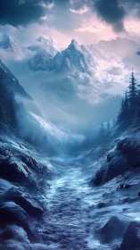 Moonlit glacier path into towering dream-forged peaks.