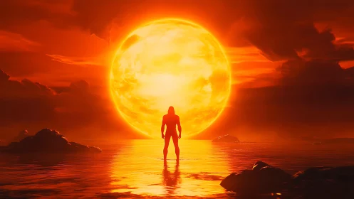 Silhouette figure facing giant sun over reflective water.
