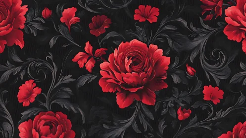 Lush Red Roses Dance Among Black Vines in Elegant Floral Design