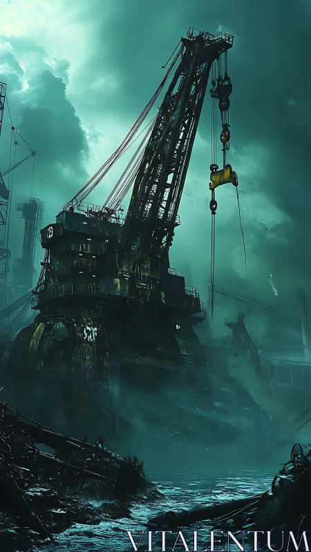 Derelict industrial crane over flooded toxic ship graveyard
