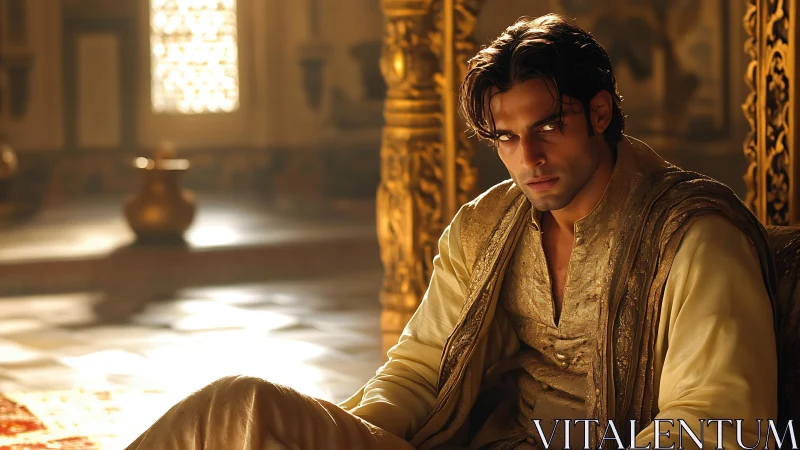 Photorealistic regal portrait in warm palatial interior lighting.