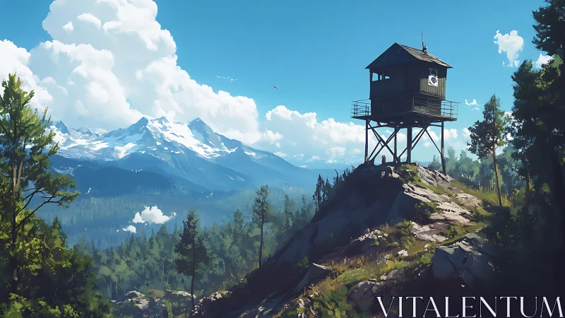 Elevated forest watchtower against alpine vista in digital painting.