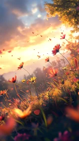 Sunlit wildflower meadow under warm evening sky.