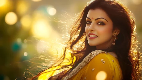 Backlit portrait in golden bokeh with dynamic hair motion.