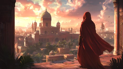 Sunset cloaked traveler gazes over a golden desert city