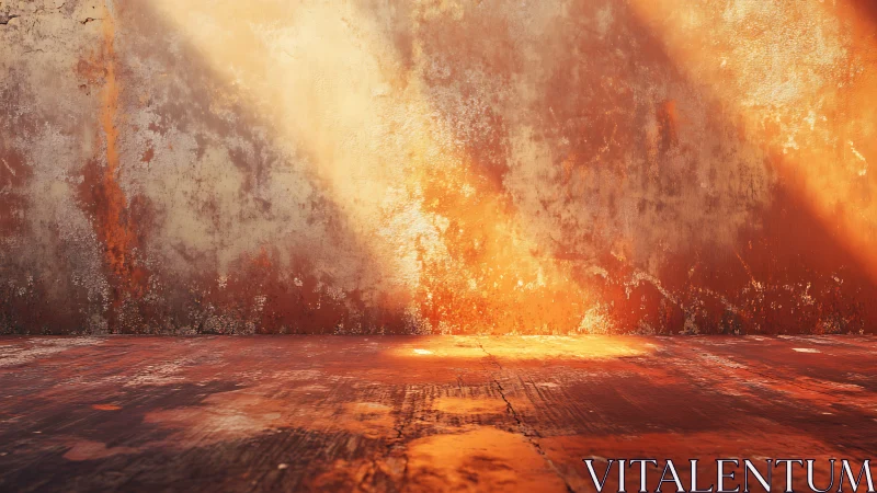 Sunlit textured wall and worn floor form empty rustic space