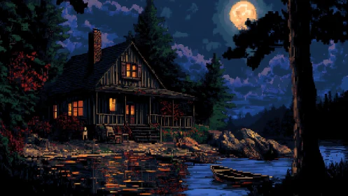 Cabin by lakeside under full moon rendered in pixel art
