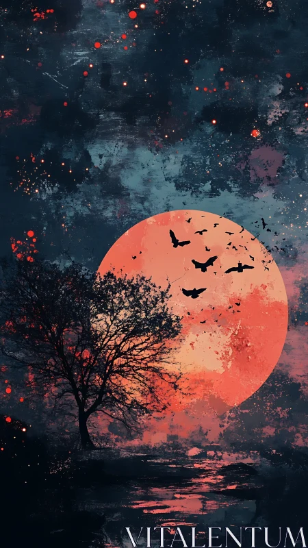 Blood-red lunar disc silhouettes tree and migrating bats at dusk