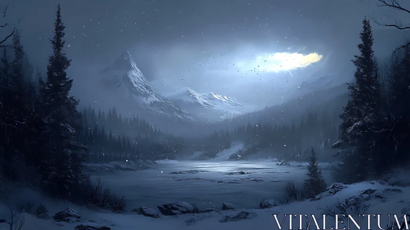 Frozen mountain lake under stormlit winter sky at dusk.