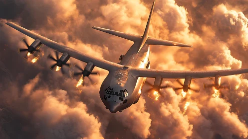 Powerful military aircraft cuts through fiery sunset clouds