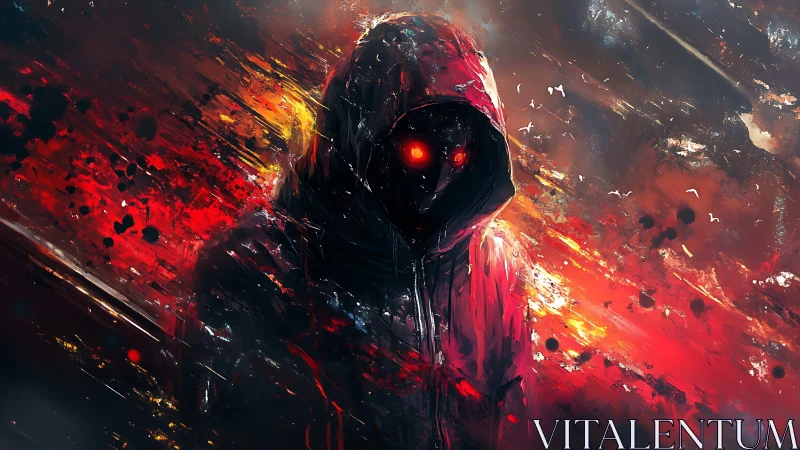 Fiery hooded wanderer glows with mysterious crimson energy