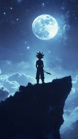 Lone spiky‑haired warrior silhouetted under luminous full moon.