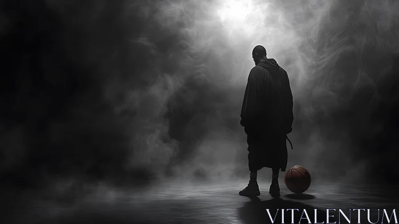Solitary basketball player stands in smoky monochrome arena