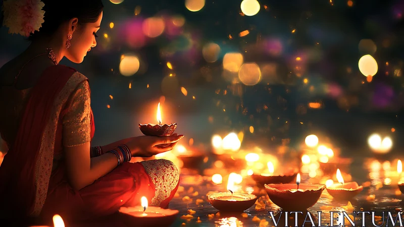 Young woman holding Diwali diya beside water, bokeh lights