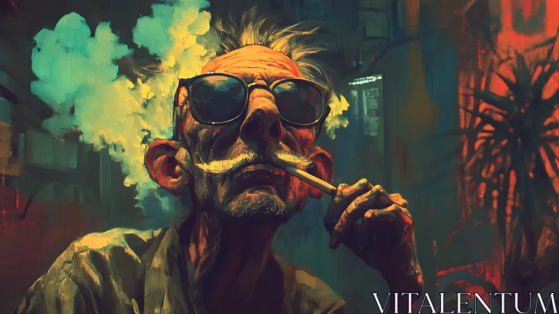 Eccentric old man smokes calmly in neon city glow.