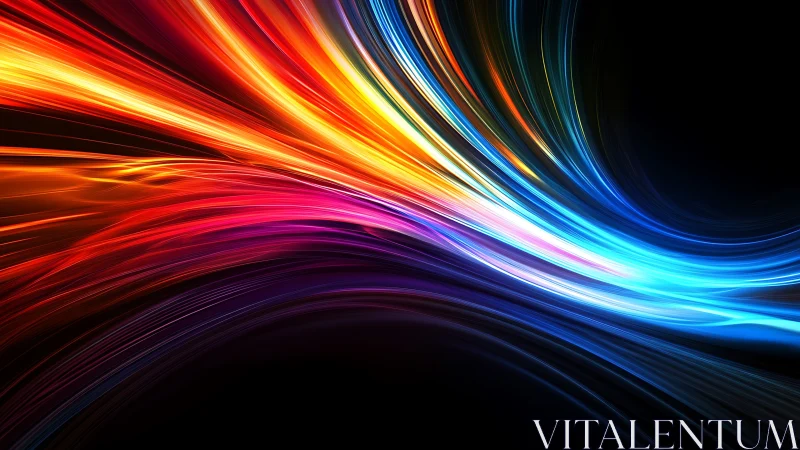 Sweeping neon light trails across deep black void space.