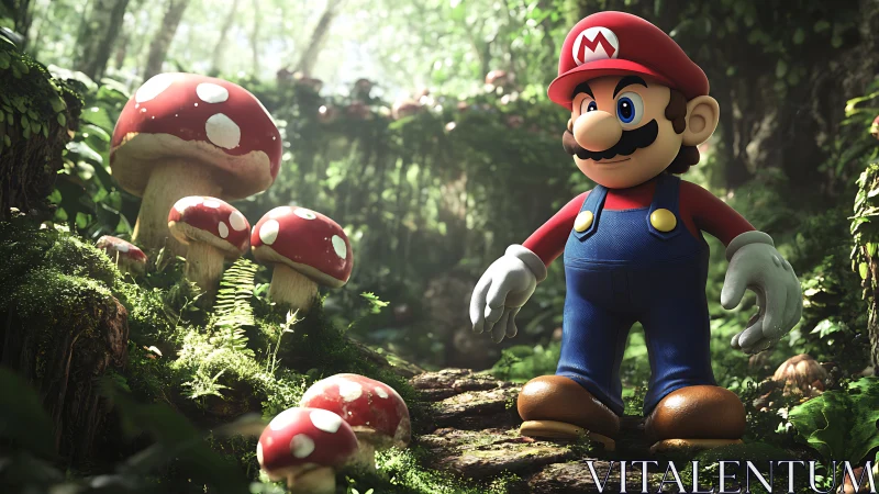 3D plumber character stands in lush forest with toadstools