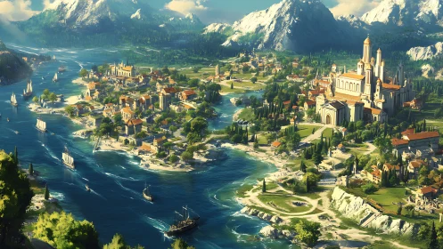 Sunlit river kingdom hums between snowy mountains and sea