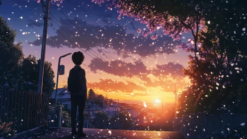 Solitary student observes glowing suburban sunset sky