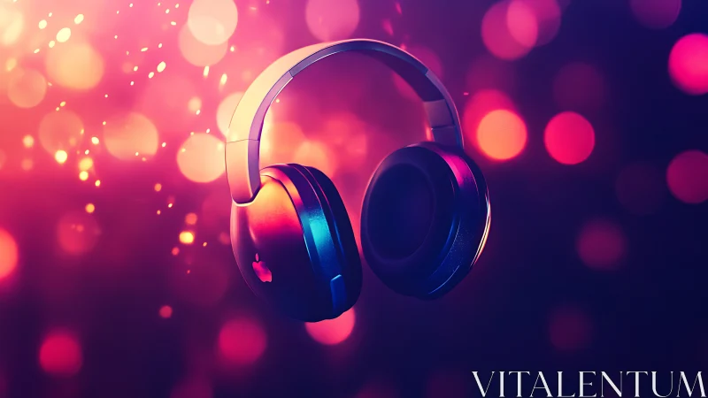 Cozy headphones glowing in a dreamy neon music haze.
