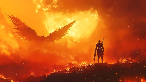 Apocalyptic warrior versus solar-winged entity in infernal vista.