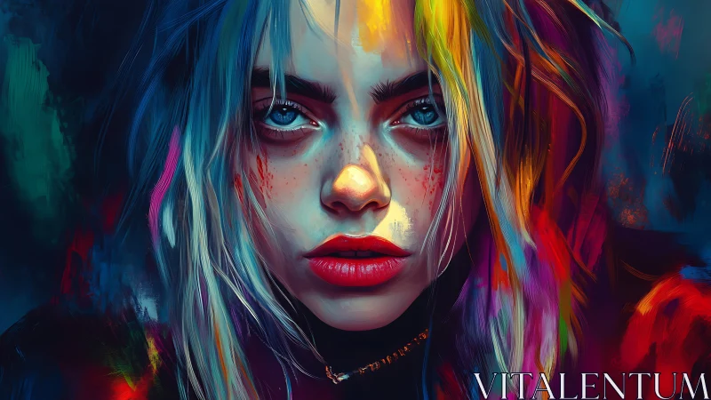 Digital portrait of young woman with multicolored hair.