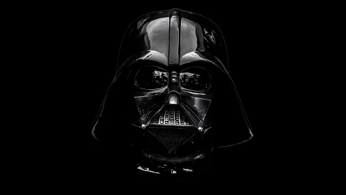 Specular low-key portrait of glossy black respirator helmet.