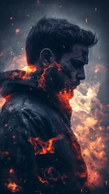 Brooding fire-wreathed man stands in embers and smoke