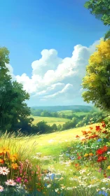 Sunlit meadow with wildflowers and distant rolling fields.