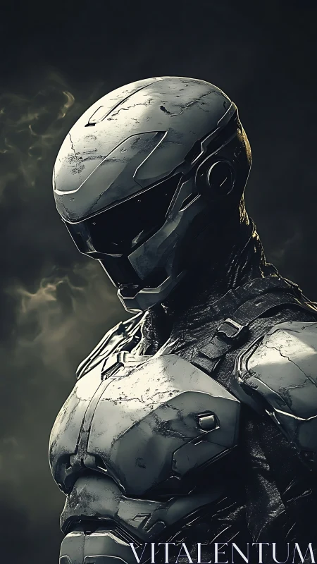 Futuristic armored figure in worn metallic exoskeleton suit.
