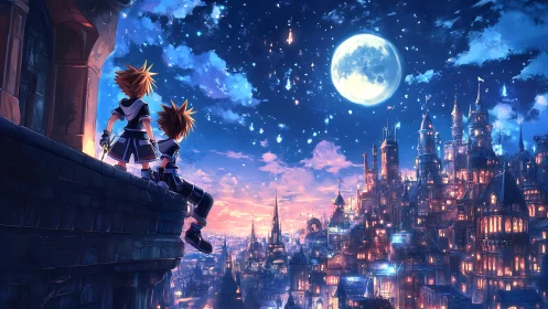 Dual observers on a luminous neo-gothic skyline under full moon.