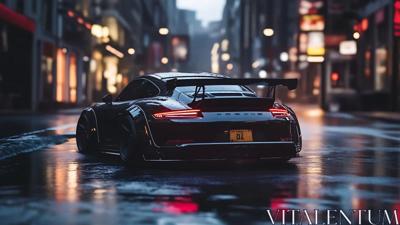 Rain-soaked sports car accelerates through cinematic neon street