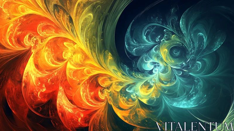 Fractal energy vortex with opposing warm and cool color spirals.