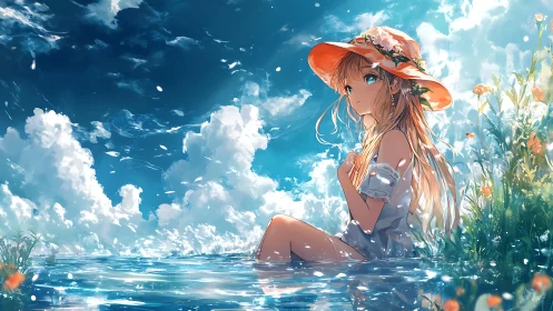 Sunlit anime girl rests in sparkling summer waters